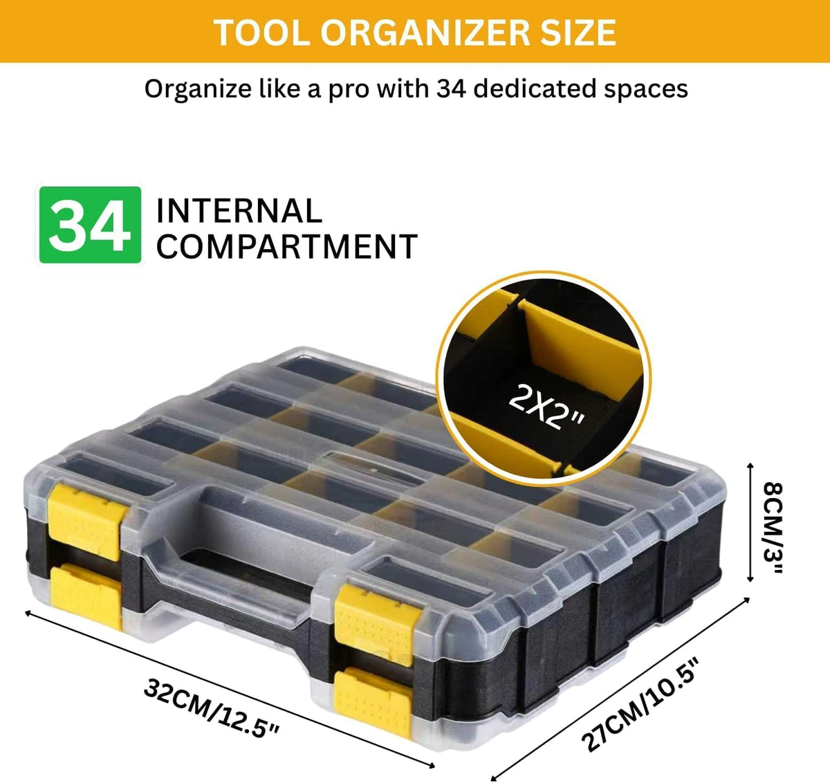 Andalus Tools Organizer Box, Small Parts Storage 34-Compartment Double-Sided Portable Hardware Organizer Removable Plastic Dividers for Screws, Nuts, Bolts, Nails – Orange (12.5" x 10.5" x 3")