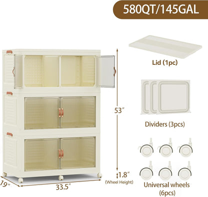 SAILUN 145Gal/580Qt Stackable Storage Bins Folding Collapsible Storage Bins with a Lid, Closet Organizers and Storage,White 26" W x 17" D x 71" H