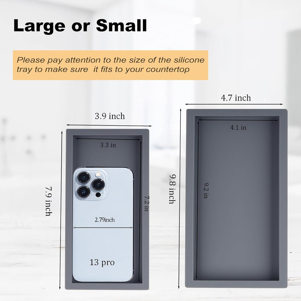Small Silicone Bathroom Vanity Tray Rectangle Soap and Sponge Holder Kitchen Sink Organizer for Scrubber, Lotion Bottles, Perfume, Jewelry, Candle, Key Trinket Ring, Black