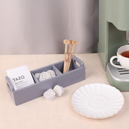 HTB Small Tea Bag Box Wooden, 3 Compartments Acacia Wood Tea Bag Chest with Handle, Mini Countertop Divided Storage Container for Beverage Supplies, Sugar, Sweeteners, Individual Packets