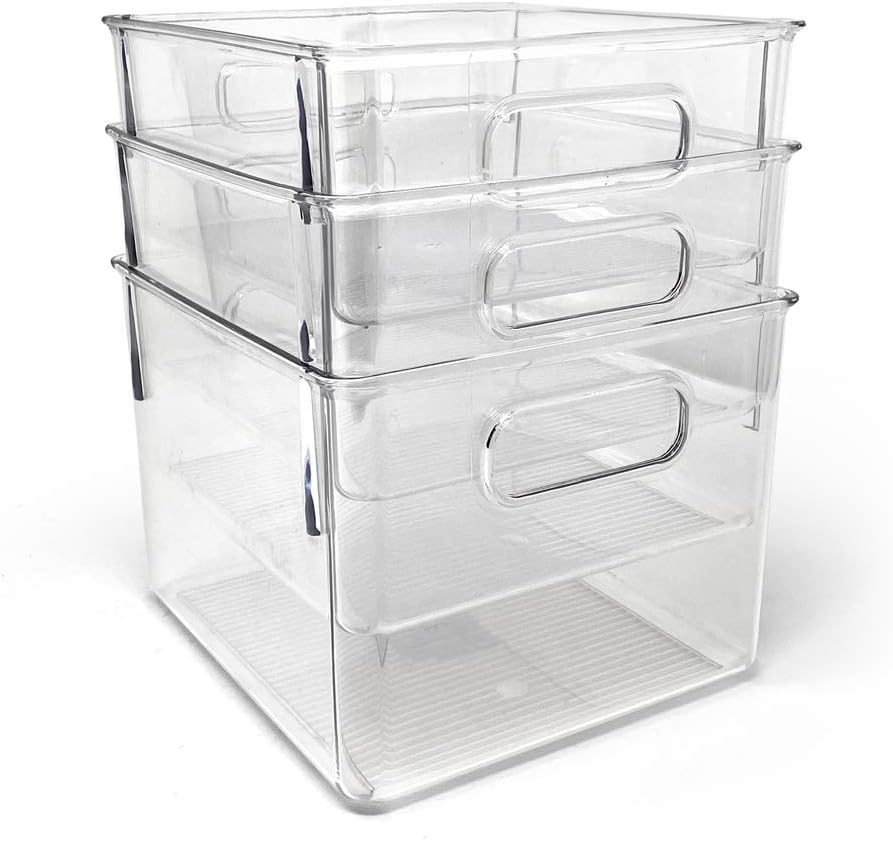 Isaac Jacobs 3-Pack Large Clear Storage Bins with Handles, Plastic Organizer for Home, Room, Office, Fridge, Kitchen/Pantry Non-Slip Container Set, Food Safe, BPA Free (3-Pack, Large)