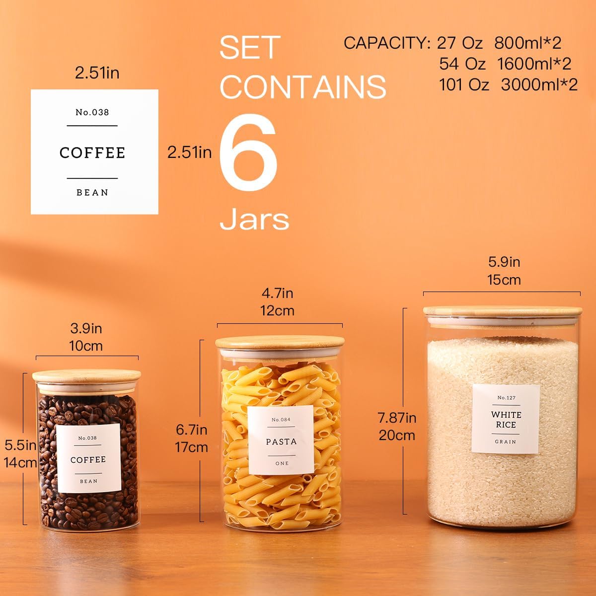 Borosilicate Glass Storage Jars with Bamboo Lids + 132 Pre-Printed Pantry Labels Included, BPA-Free Thicken Airtight Containers for Flour, Sugar, Rice, Microwave & Freezer Safe(100OZ/54OZ/27OZ)