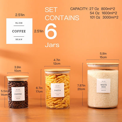 Borosilicate Glass Storage Jars with Bamboo Lids + 132 Pre-Printed Pantry Labels Included, BPA-Free Thicken Airtight Containers for Flour, Sugar, Rice, Microwave & Freezer Safe(100OZ/54OZ/27OZ)
