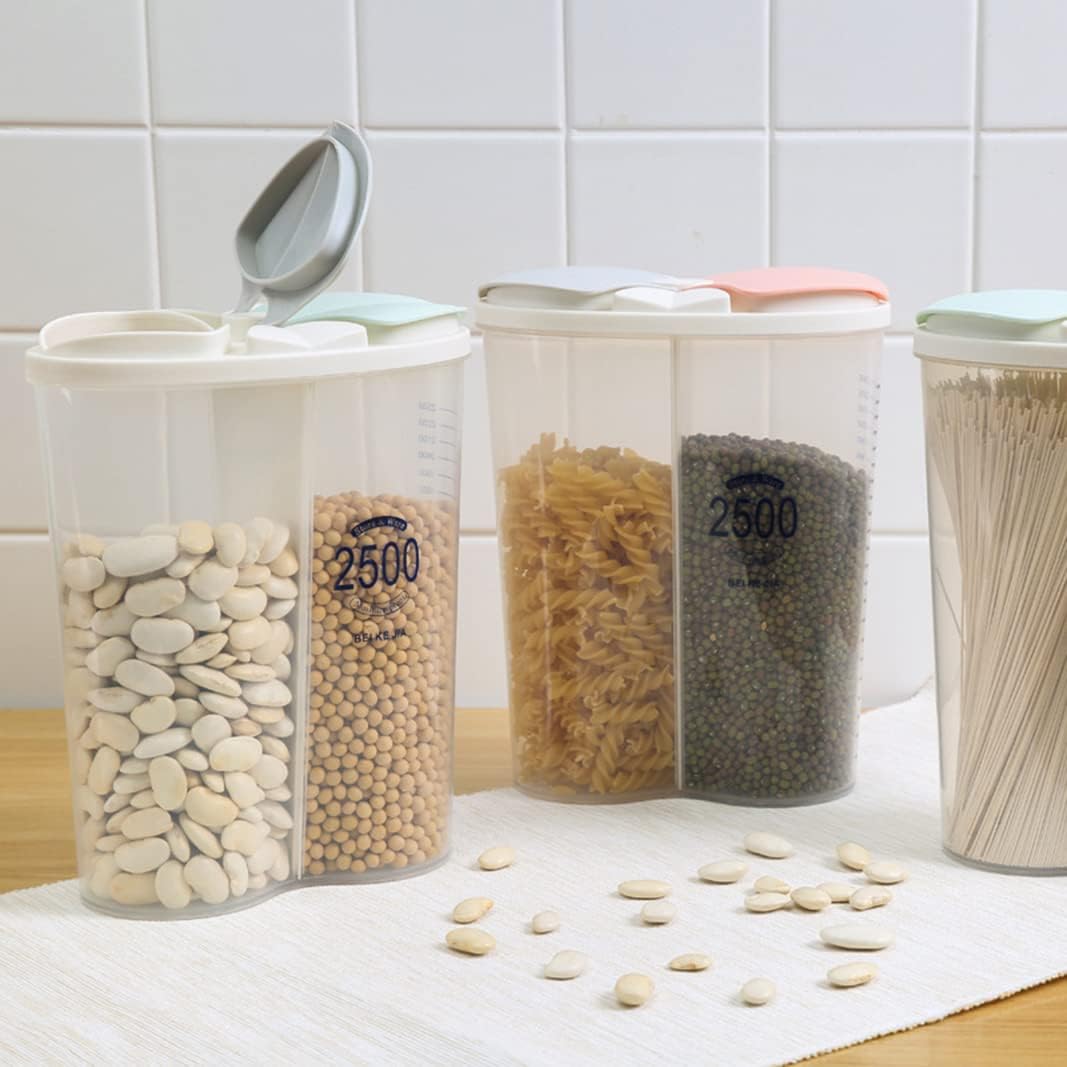 Airtight Kitchen Food Storage Container, Leak-Proof BPA Free Plastic Plastic Dry Cereal Dispensers Containers with Durable Lids for Flour, Sugar, Rice (1500ml-3 Grid)