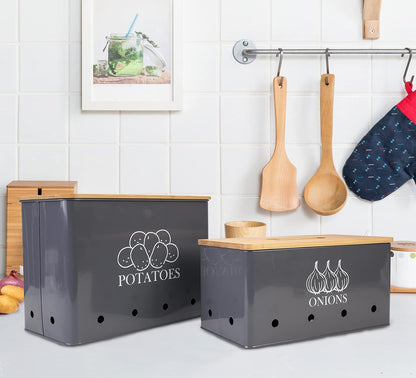 Potato and Onion Storage Bin Set of 2, Vented Metal Vegetable Storage with Wooden Lids, Farmhouse Kitchen Canisters for Countertop Pantry Organizer, Potato Bin Onion Holder for Produce Storage, Black
