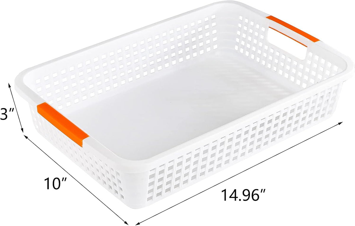 Lawei 8 Pack Large Plastic Storage Basket with Handle - 15 x 10 x 3 Inch Pantry Organizer Basket Bins Desktop Paper Storage Basket for Organization, Countertops, Cabinets, Bedrooms, Bathrooms