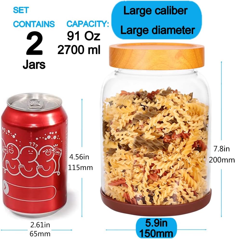 SAIOOL 2-Pack Striped Borosilicate Glass Airtight Canisters - Big mouth Large Capacity, Acacia Wood Lid, Food Storage Jars for Flour, Pasta, Pantry Organization (1/2 Gallon （Yellow Press lid 2 pack）)