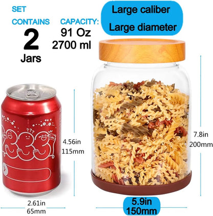SAIOOL 2-Pack Striped Borosilicate Glass Airtight Canisters - Big mouth Large Capacity, Acacia Wood Lid, Food Storage Jars for Flour, Pasta, Pantry Organization (1/2 Gallon （Yellow Press lid 2 pack）)
