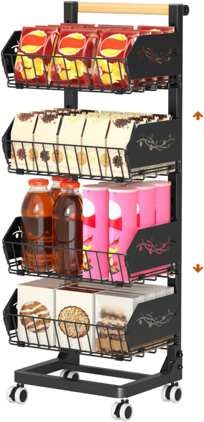 Heavy 4-Tier Snack Cart with Wheels ，Removable Rolling Pantry Floor Organizers ，Upgraded Wider and Thicker, Kitchen Fruit Basket Stand and Storage Rack for Fruit Snack Onion Potato
