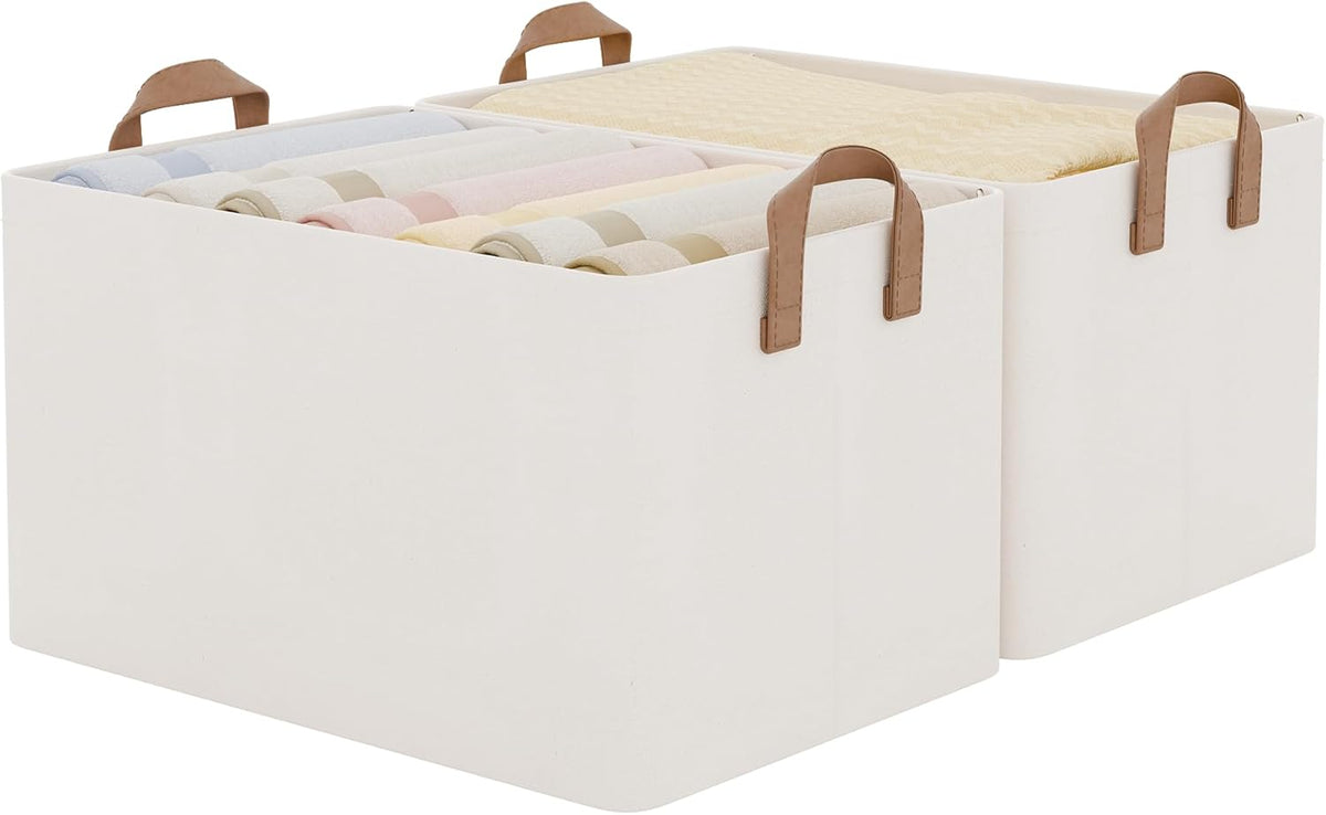 StorageWorks Storage Bins, Shelves Baskets for Organizing, Fabric Closet Organizers with Handles, Metal Frame, Beige-Cotton-linen, 2-Pack