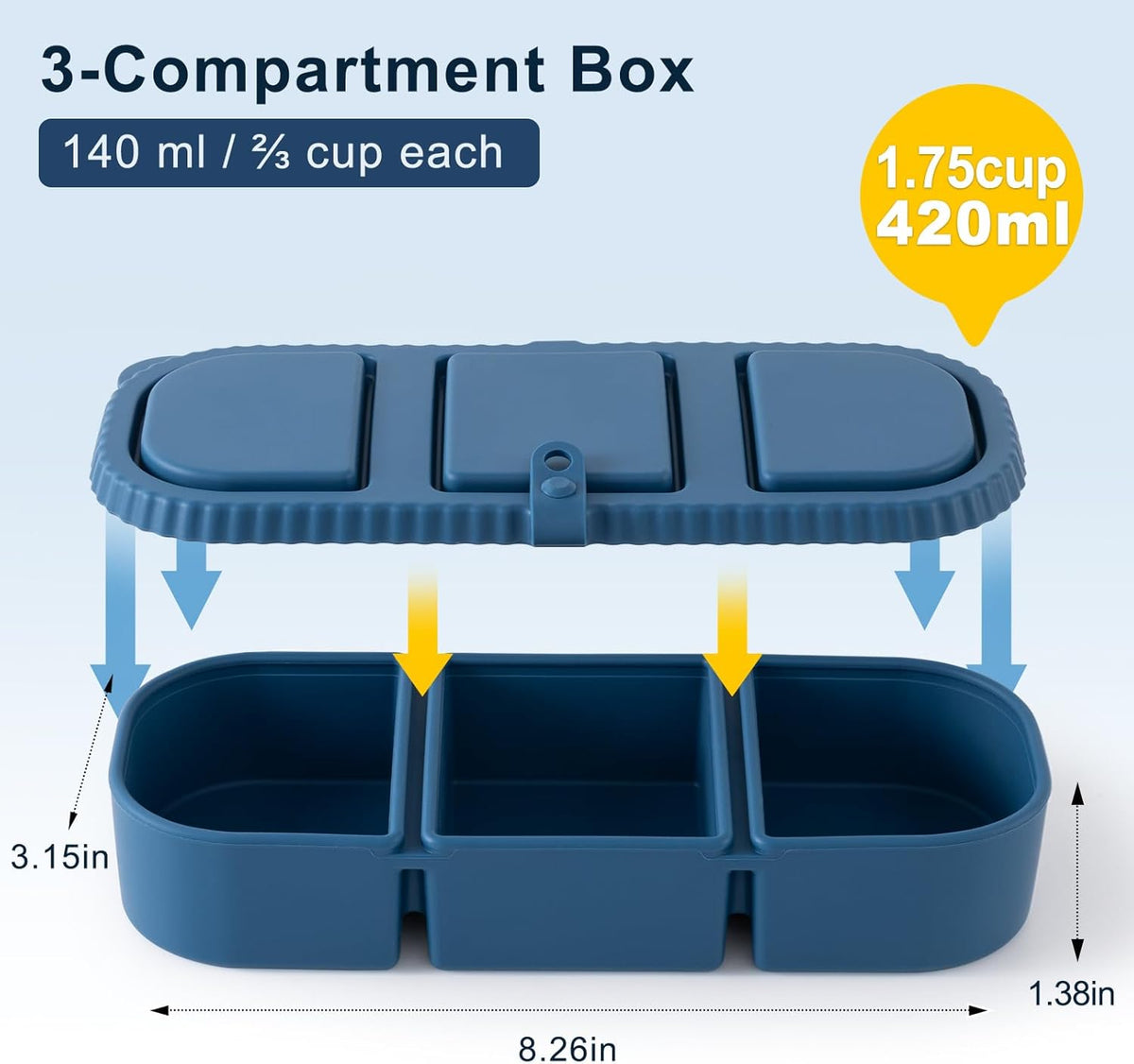 Silicone Reusable Snack Containers with Lids - 8 oz Double Compartment Snackle Box for Kids & Adults, BPA-Free & Leakproof, Small for Dressing, Snacks, School, Office, Picnic