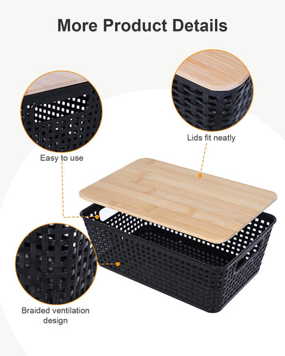 Small Storage Bins with Lids 6 Packs, Plastic Storage Basket with Bamboo Lid for Pantry Organization and Storage Containers for Shelves Drawers Desktop Closet Playroom Office Home, White