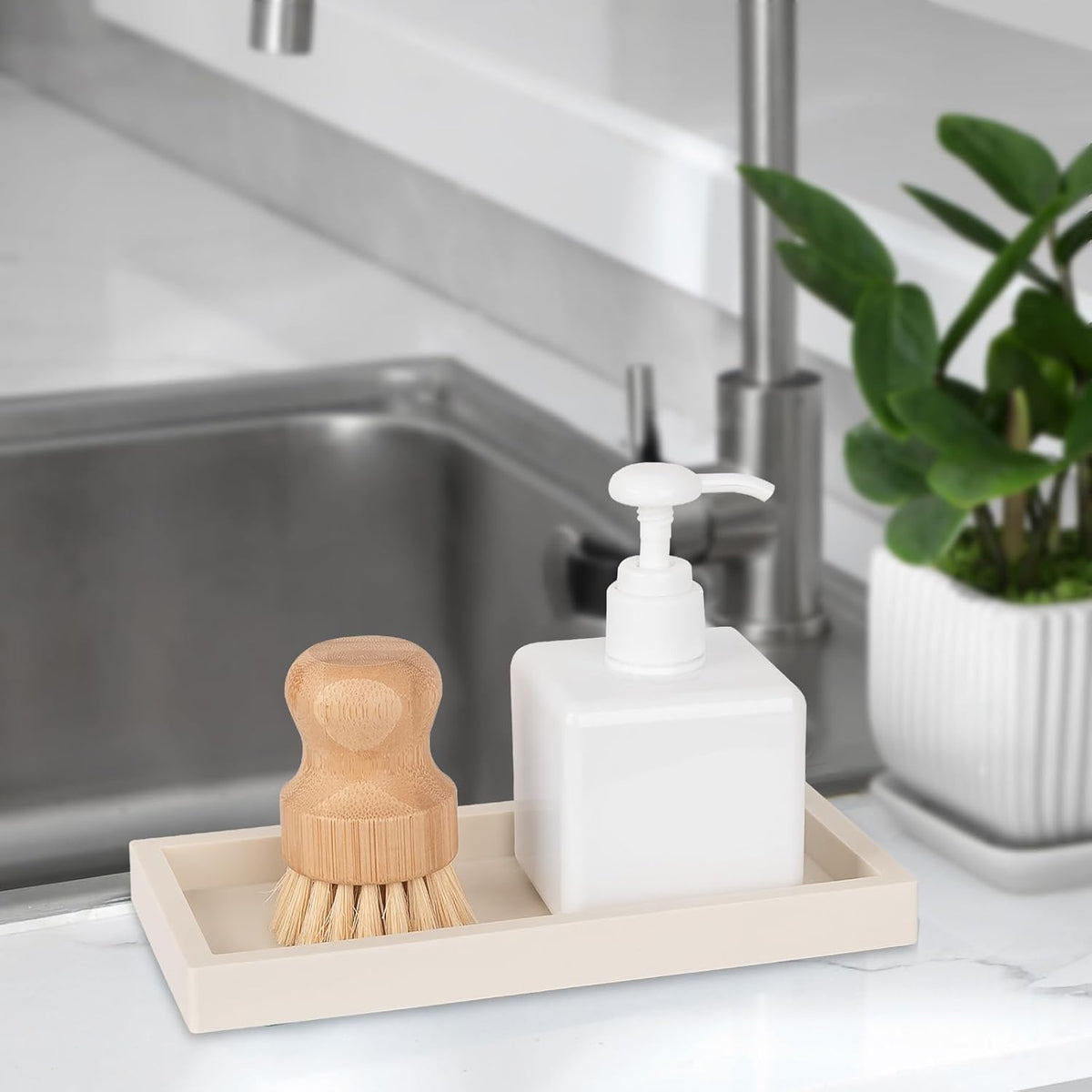 Small Silicone Bathroom Vanity Tray Rectangle Soap and Sponge Holder Kitchen Sink Organizer for Scrubber, Lotion Bottles, Perfume, Jewelry, Candle, Key Trinket Ring, Black