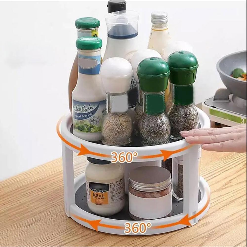 2 Tier Non Skid Spice Rack Turntable, 10 Inch Spinning Organizer, Non Skid Lazy Susan Turntable, 360° Rotating Seasoning Organizer for Kitchen, Pantry Cabinet, Refrigerator, Bathroom, Gray & White