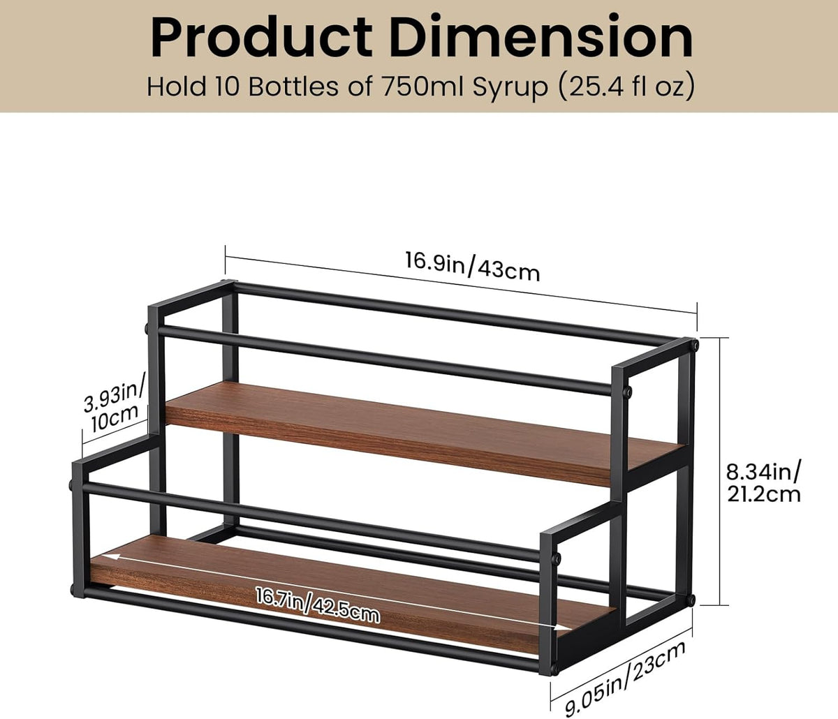 THYGIFTREE Coffee Syrup Rack Organizer 2-Tier 10 Syrup Bottles Holder Stand Metal with Wood Base for Coffee Bar Storage Shelves for Kitchen Countertop Matte Black