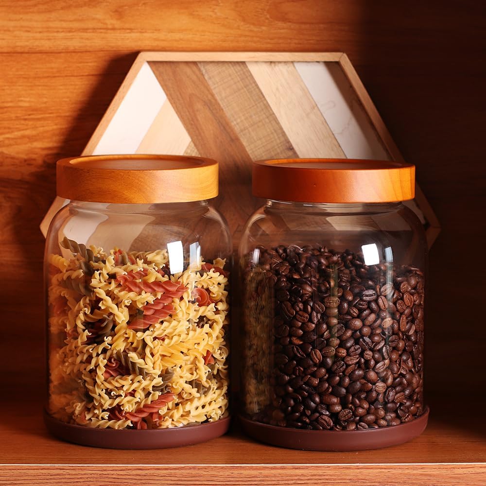 SAIOOL 2-Pack Striped Borosilicate Glass Airtight Canisters - Big mouth Large Capacity, Acacia Wood Lid, Food Storage Jars for Flour, Pasta, Pantry Organization (1/2 Gallon （Yellow Press lid 2 pack）)