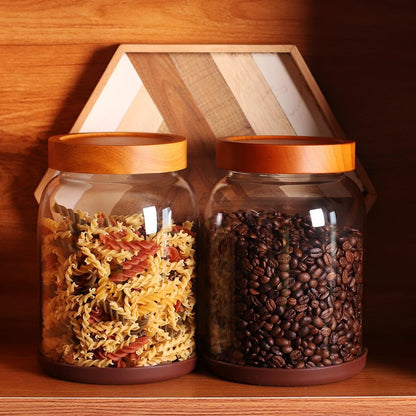 SAIOOL 2-Pack Striped Borosilicate Glass Airtight Canisters - Big mouth Large Capacity, Acacia Wood Lid, Food Storage Jars for Flour, Pasta, Pantry Organization (1/2 Gallon （Yellow Press lid 2 pack）)
