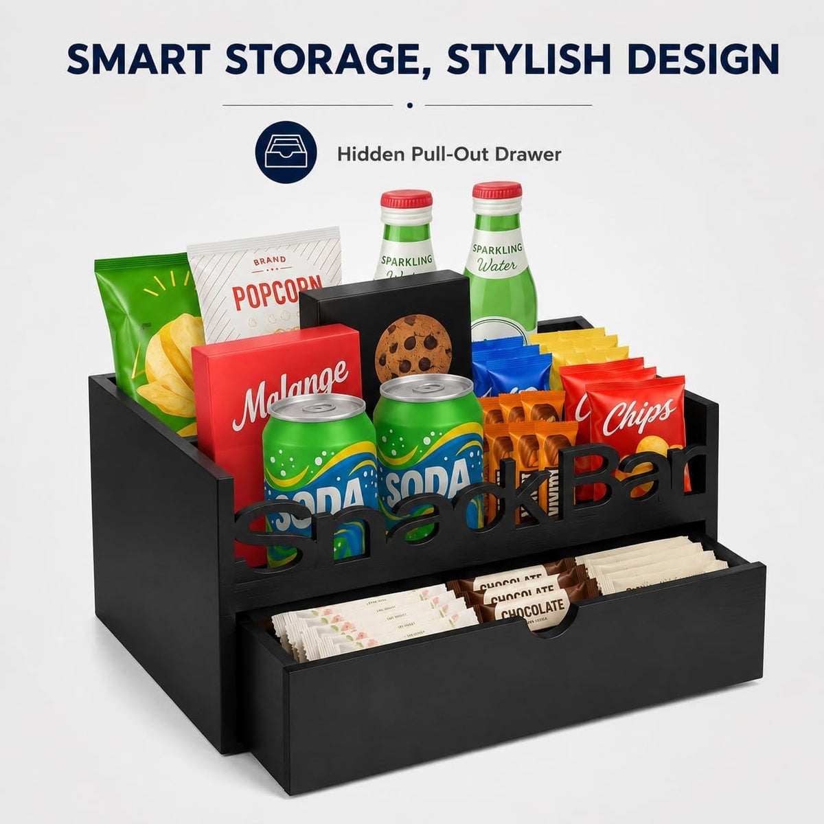Snack Bar Organizer – Black 5 Compartment Station, Countertop Pantry Organizer for Kitchen, Office Food Holder, Candy Storage Bin, Display Stand, Cabinet Tray & Shelf
