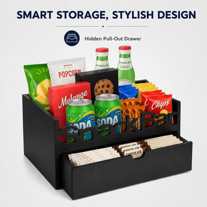 Snack Bar Organizer – Black 5 Compartment Station, Countertop Pantry Organizer for Kitchen, Office Food Holder, Candy Storage Bin, Display Stand, Cabinet Tray & Shelf