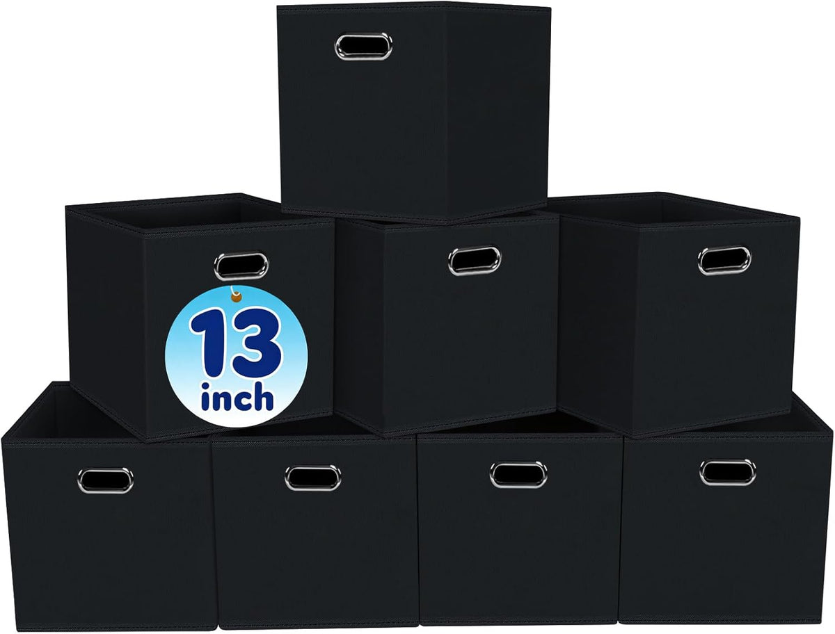 Black Fabric Cubby Storage Bins，13x13x13 Inches ，Cube Organizer Bin Foldable Storage Boxes with Dual Handles Fabric Organizer Box and collapsible Storage basket，Set of 3 ，Black