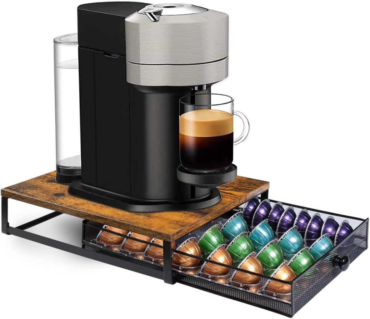 Sedegn Coffee Pod Holder Counter Coffee Vertuo Capsules Storage Organizer with Sliding Drawer Compatible For 35 K-Cup Pods No Assembly Needed Rustic Brown