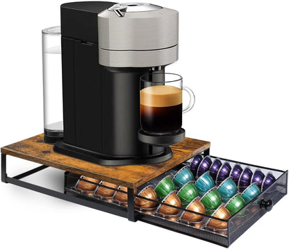 Sedegn Coffee Pod Holder Counter Coffee Vertuo Capsules Storage Organizer with Sliding Drawer Compatible For 35 K-Cup Pods No Assembly Needed Rustic Brown