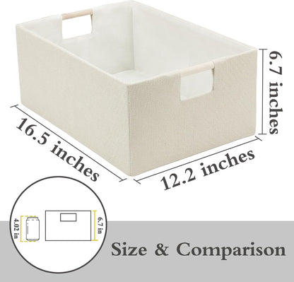 Foldable Fabric Storage Cubes, Cloth Storage Baskets with Wooden Handles, Collapsible Shelf Closet Organizer Bins, Rectangular Storage Boxes for Decor (Beige)