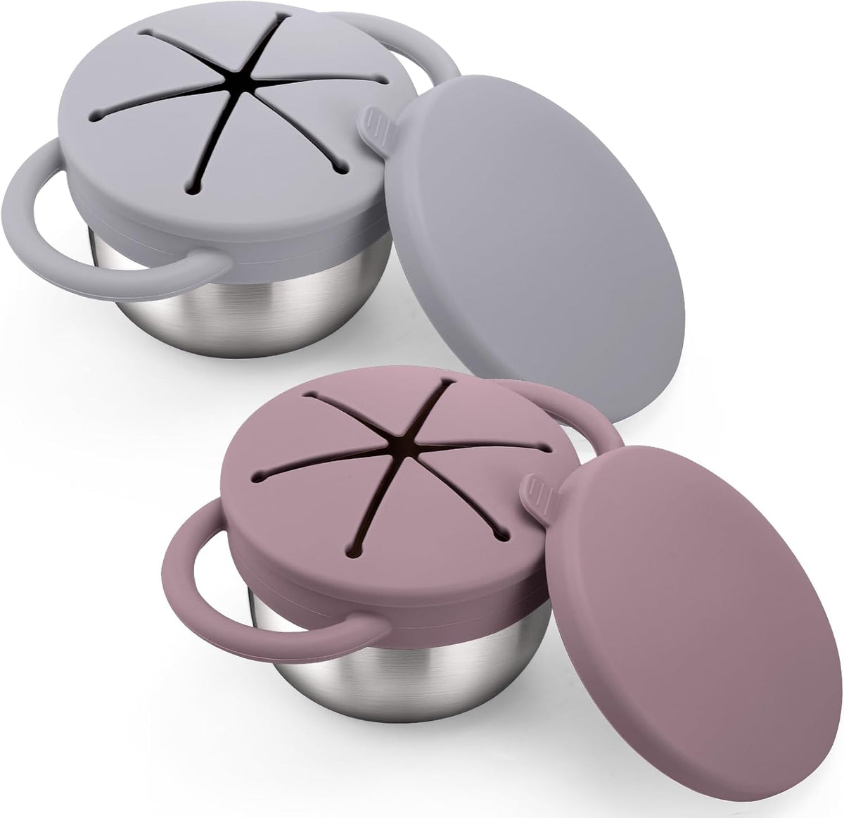 BUSOHA 2 Pack Stainless Steel Toddler Snack Cups - 9 OZ Spill-Proof Baby Snack Containers with Silicone Catcher and Lid Travel Snack Containers for Kids Food Grade Silicone Dishwasher Safe