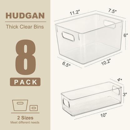 Hudgan Set of 8 Clear Plastic Storage Bins 4 Large and 4 Small Stackable Storage Containers for Pantry Organizers and Kitchen Storage, Cabinet, Freezer, Under Sink Organization