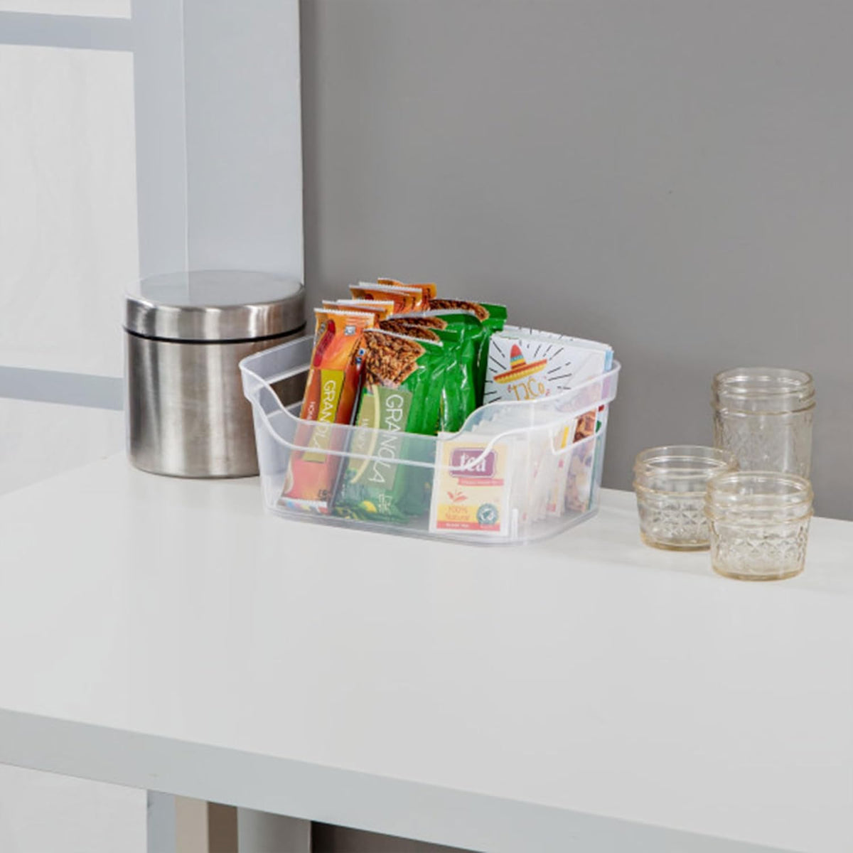 Sterilite 7 x 11 x 14.25 Inch Polished Open Scoop Front Storage Bin with Comfortable Carry Through Handles for Household Organization, Clear