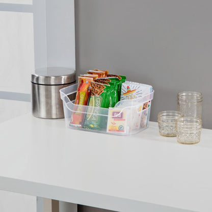 Sterilite 7 x 11 x 14.25 Inch Polished Open Scoop Front Storage Bin with Comfortable Carry Through Handles for Household Organization, Clear