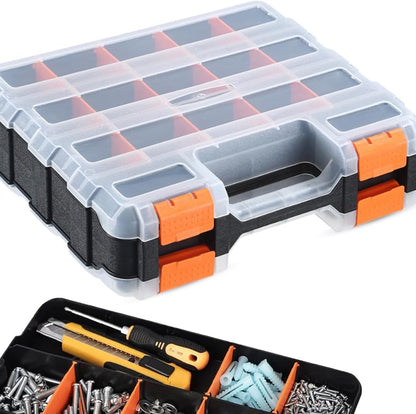 Andalus Tools Organizer Box, Small Parts Storage 34-Compartment Double-Sided Portable Hardware Organizer Removable Plastic Dividers for Screws, Nuts, Bolts, Nails – Orange (12.5" x 10.5" x 3")