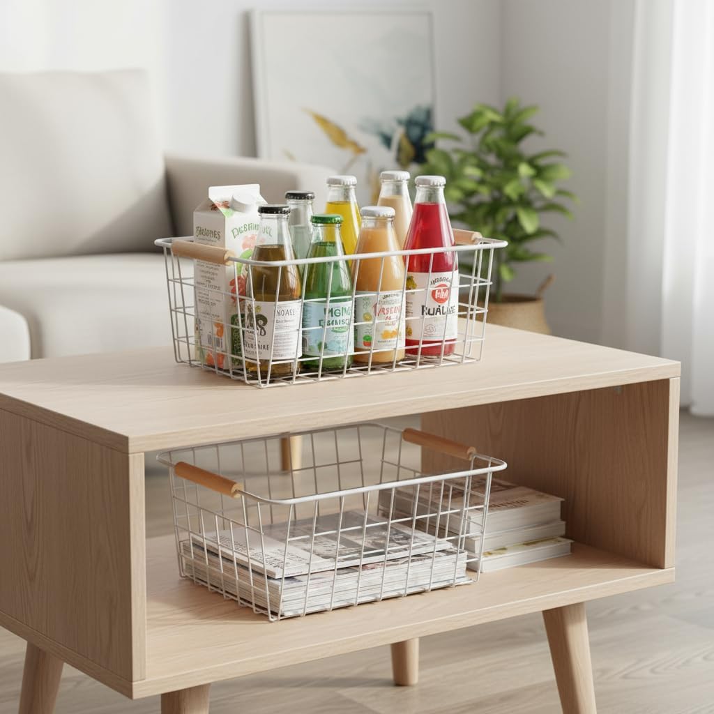 White Metal Wire Food Storage Basket with Wooden Handles for Organizing Snack Basket,Pantry Organizers and Storage for Kitchen Cabinets 4 Pack (Medium)