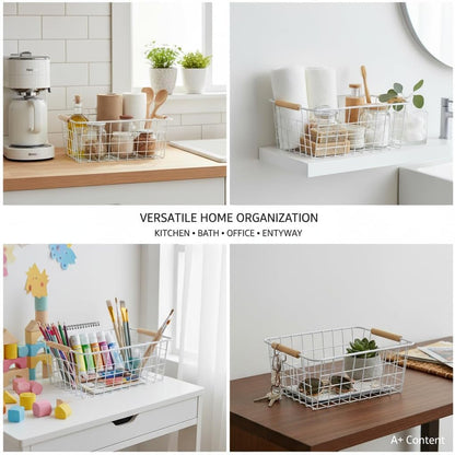 White Metal Wire Food Storage Basket with Wooden Handles for Organizing Snack Basket,Pantry Organizers and Storage for Kitchen Cabinets 4 Pack (Medium)