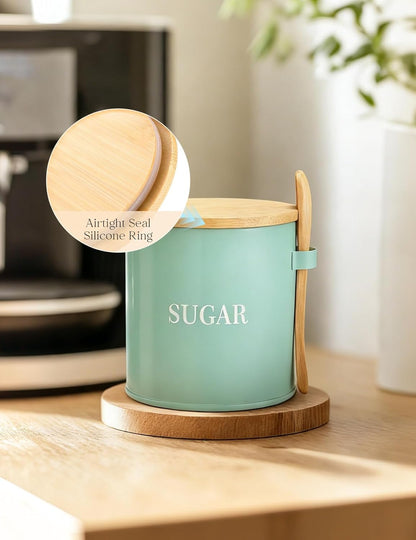 AISBUGUR Sugar Bowl with Lid and Spoon: 17oz Metal Sugar Container - Airtight Food Sugar Jar - Coffee Bar Accessories - Countertop Kitchen Decor (White)