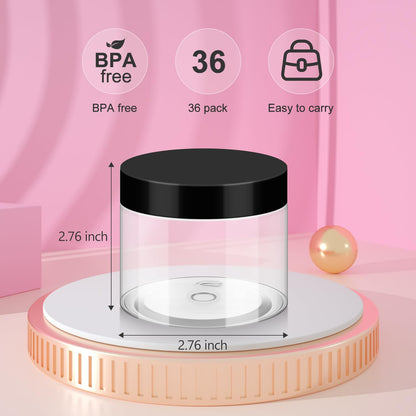 Loretoy 36 Pack 2 OZ Plastic Jars with Lids, BPA Free, Reusable, Refillable Transparent Cosmetic Containers for Bath Salts, Cosmetics, Powders, Beauty Product and Small Accessories