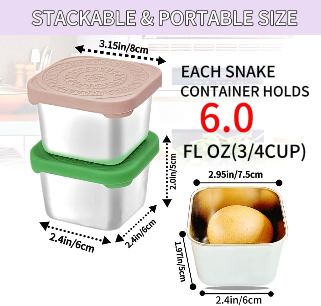 HTEVW 6Pack 6oz Stainless Steel Snack Containers for Kids, Easy Open Leak Proof Metal Toddler Snack Containers with Silicone Lids, Stackable Metal Toddler Lunch Box for Daycare, School and Travel