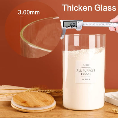 HHMJSM Large Glass Storage Jars With Airtight Bamboo Lid - 100 Fl Oz Thicken Kitchen Glass Food Storage Canister With 42 Pantry Labels - Big Clear Flour And Sugar Containers Farmhouse