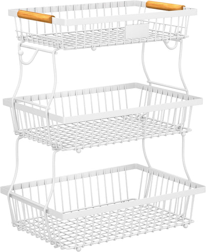 2 Tier Fruit Basket for Kitchen Counter with 2 Banana Hangers, Countertop Metal Bread Basket with Wooden Handle, Large Storage Stand for Vegetables, Snacks, Eggs, Produce Storage – Black