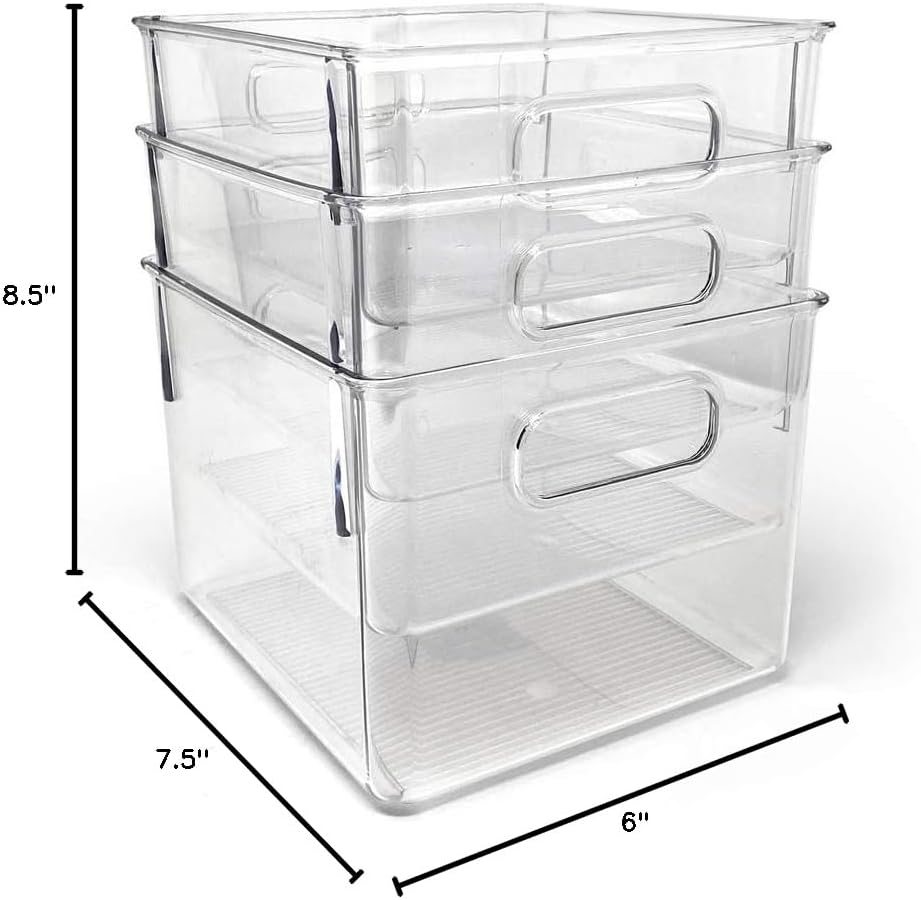 Isaac Jacobs 3-Pack Large Clear Storage Bins with Handles, Plastic Organizer for Home, Room, Office, Fridge, Kitchen/Pantry Non-Slip Container Set, Food Safe, BPA Free (3-Pack, Large)