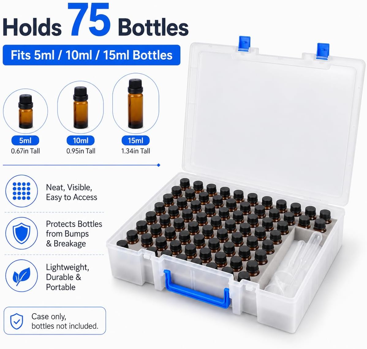 ALCYON Essential Oil Storage Case for 75 Bottles, Clear Plastic Organizer Box for 5ml 10ml 15ml Bottles, Essential Oils Bottle Holder with Removable Foam Insert, Stickers, Opener, Funnels & Pipettes