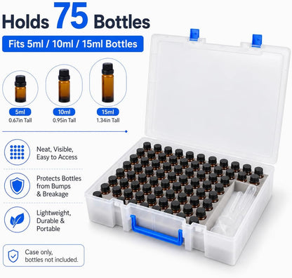 ALCYON Essential Oil Storage Case for 75 Bottles, Clear Plastic Organizer Box for 5ml 10ml 15ml Bottles, Essential Oils Bottle Holder with Removable Foam Insert, Stickers, Opener, Funnels & Pipettes