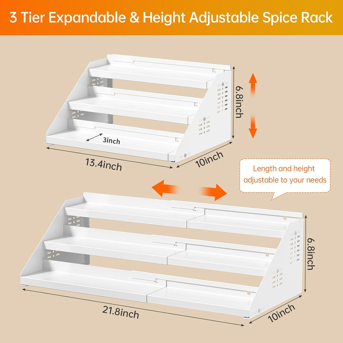 RCHYFEED Spice Rack Organizer for Cabinet, 3 Tier Spice Rack Expandable(13.4"-21.8"), Height Adjustable Spice Organization Shelf Metal Display Shelf, Spice Organization for Cabinet Countertop Pantry