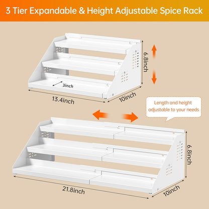 RCHYFEED Spice Rack Organizer for Cabinet, 3 Tier Spice Rack Expandable(13.4"-21.8"), Height Adjustable Spice Organization Shelf Metal Display Shelf, Spice Organization for Cabinet Countertop Pantry
