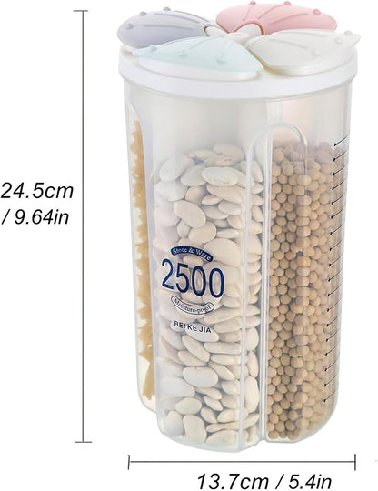 Airtight Kitchen Food Storage Container, Leak-Proof BPA Free Plastic Plastic Dry Cereal Dispensers Containers with Durable Lids for Flour, Sugar, Rice (1500ml-3 Grid)