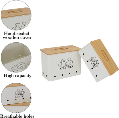Potato and Onion Storage Bin Set of 2, Vented Metal Vegetable Storage with Wooden Lids, Farmhouse Kitchen Canisters for Countertop Pantry Organizer, Potato Bin Onion Holder for Produce Storage, Black
