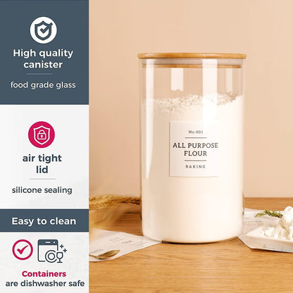 HHMJSM Large Glass Storage Jars With Airtight Bamboo Lid - 100 Fl Oz Thicken Kitchen Glass Food Storage Canister With 42 Pantry Labels - Big Clear Flour And Sugar Containers Farmhouse