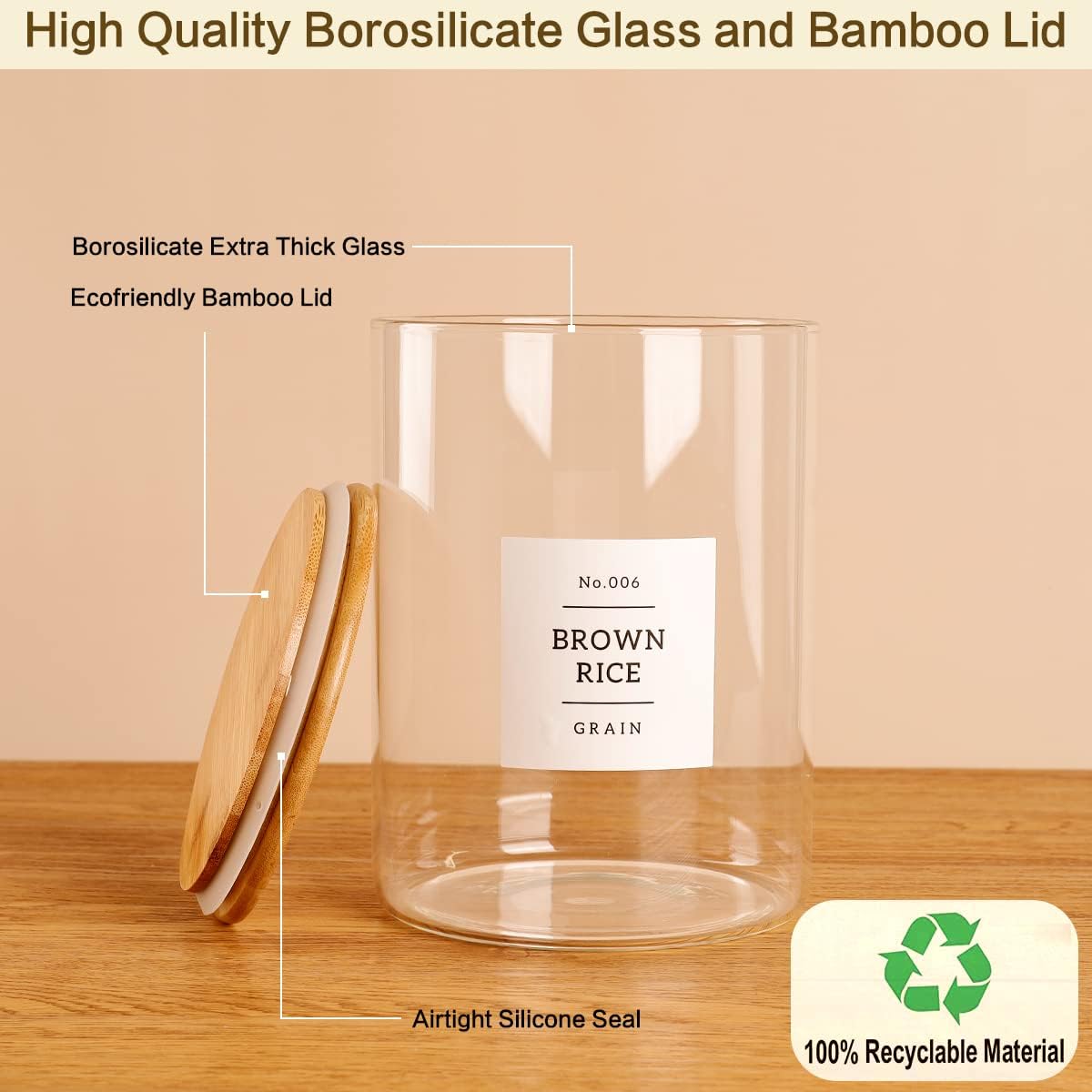 HHMJSM Large Glass Storage Jars With Airtight Bamboo Lid - 100 Fl Oz Thicken Kitchen Glass Food Storage Canister With 42 Pantry Labels - Big Clear Flour And Sugar Containers Farmhouse