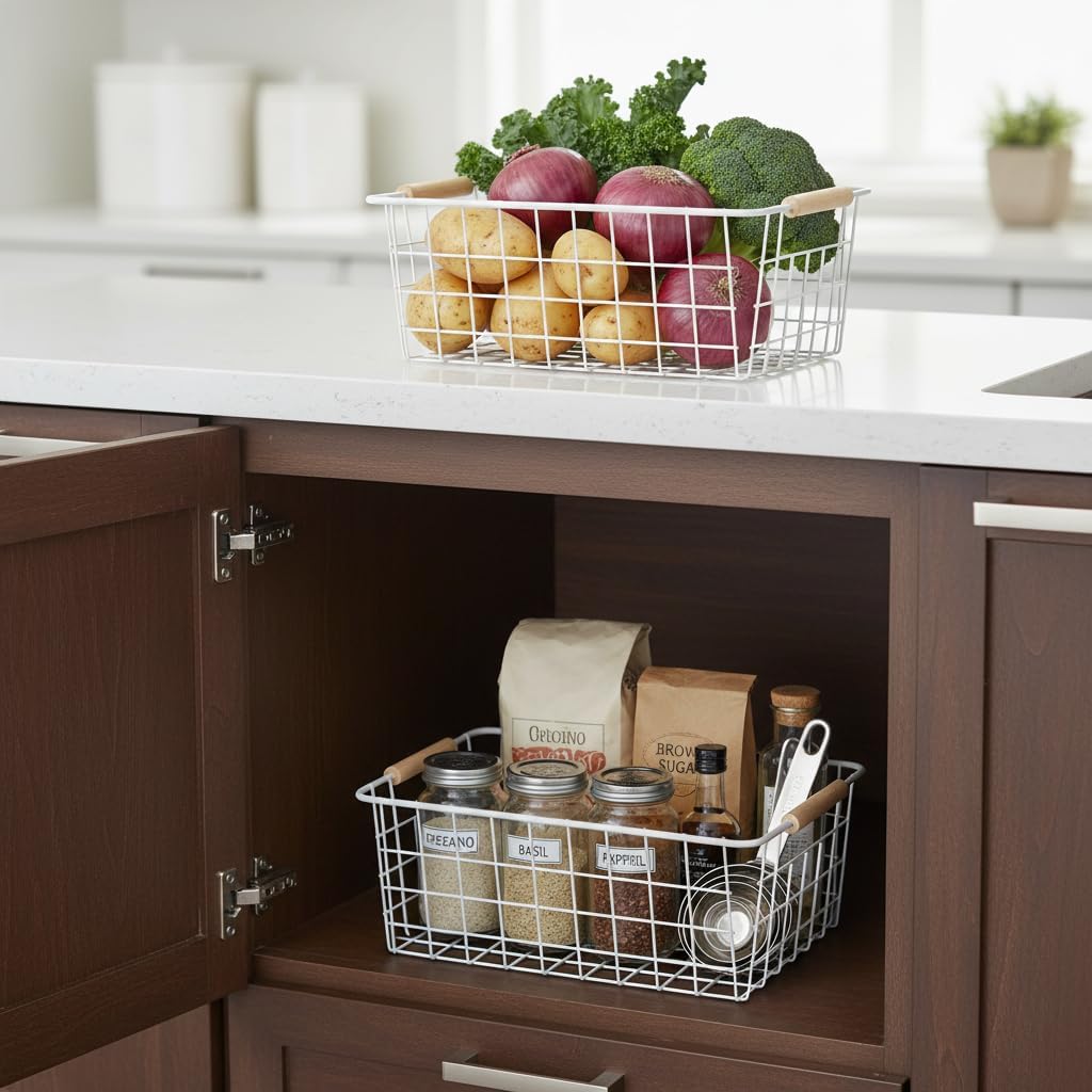White Metal Wire Food Storage Basket with Wooden Handles for Organizing Snack Basket,Pantry Organizers and Storage for Kitchen Cabinets 4 Pack (Medium)
