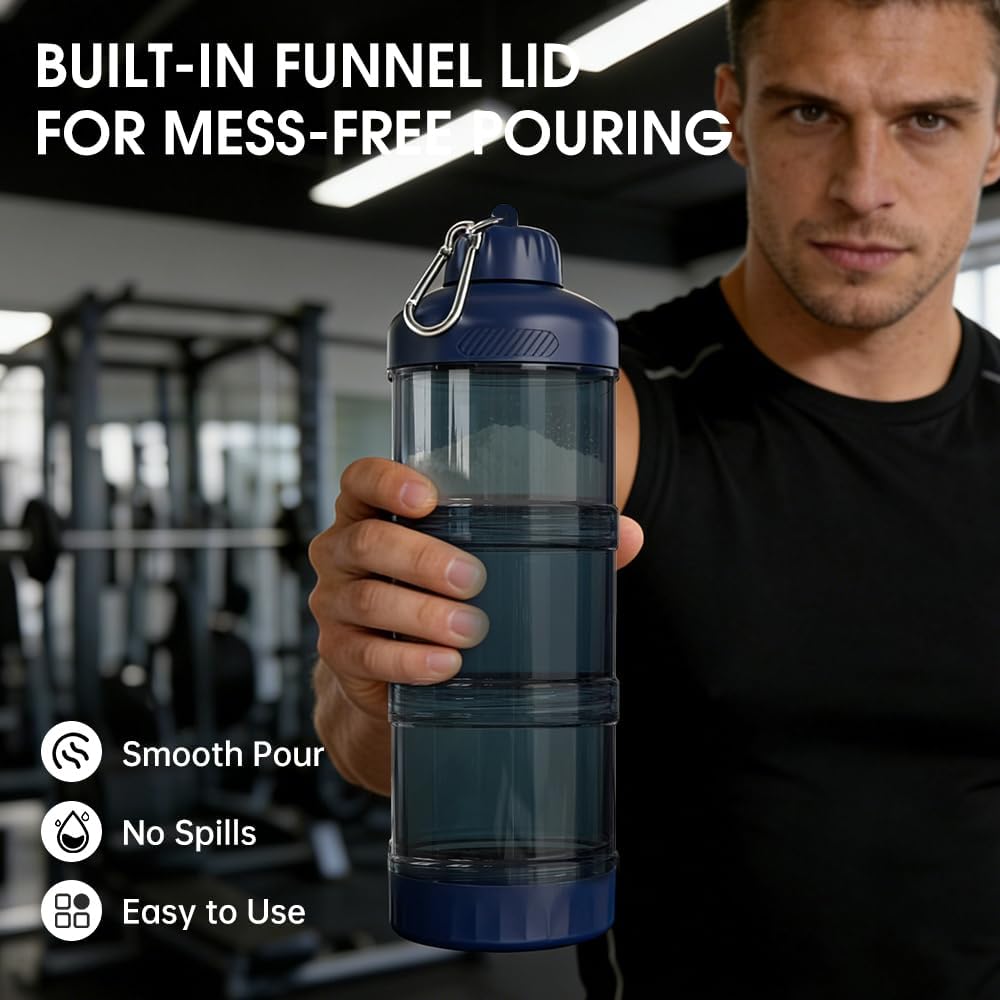 BYLWORKOUT 3-Layer Protein Powder Travel Container with Funnel and Keychain | Portable Food Storage Organizer for Gym, Fitness, Kitchen, Camping, Hiking, and Travel (Emerald Green)